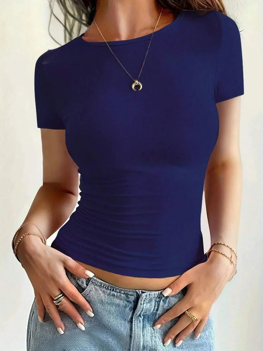 Womens Basic T-Shirts Scoop Neck Short Sleeve Crop Tops