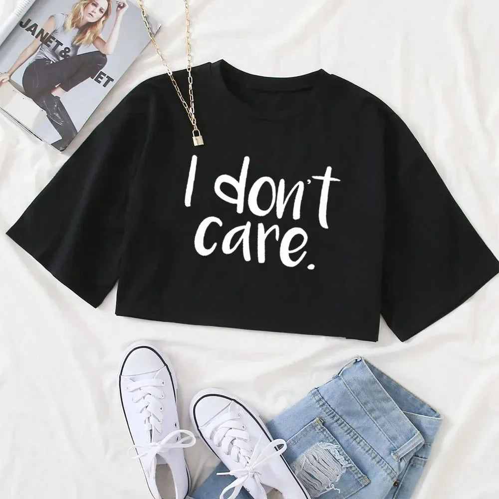 I Don't Care Print Crop Tee T-Shirt Women Clothing