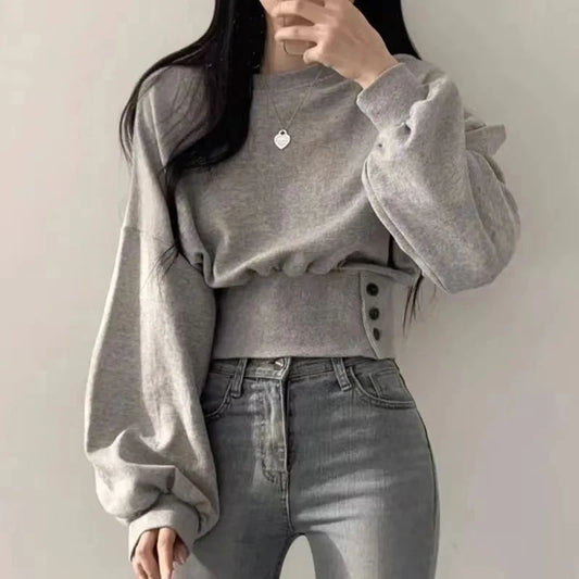 Solid O-Neck Slim Crop Top Lantern Sleeve