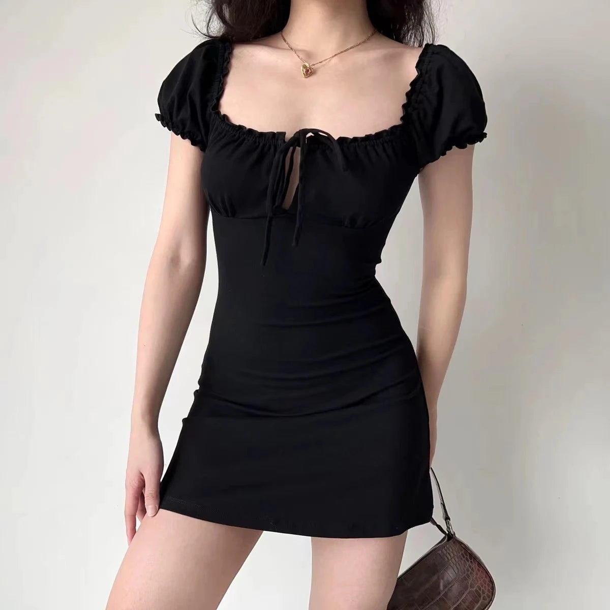 Mini Dress Women Short Sleeved Lace up Hollow