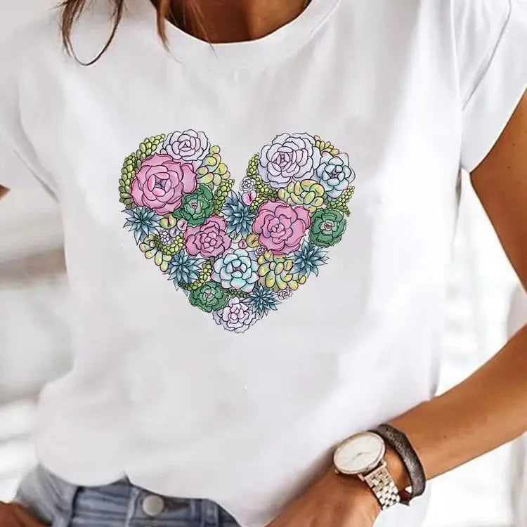 Love Heart Print Women Summer T Shirt