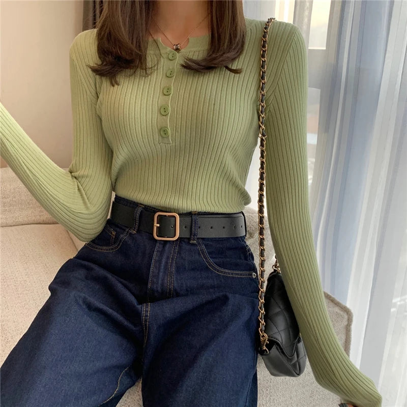 Knitted Women Sweater Button O-neck Pullovers