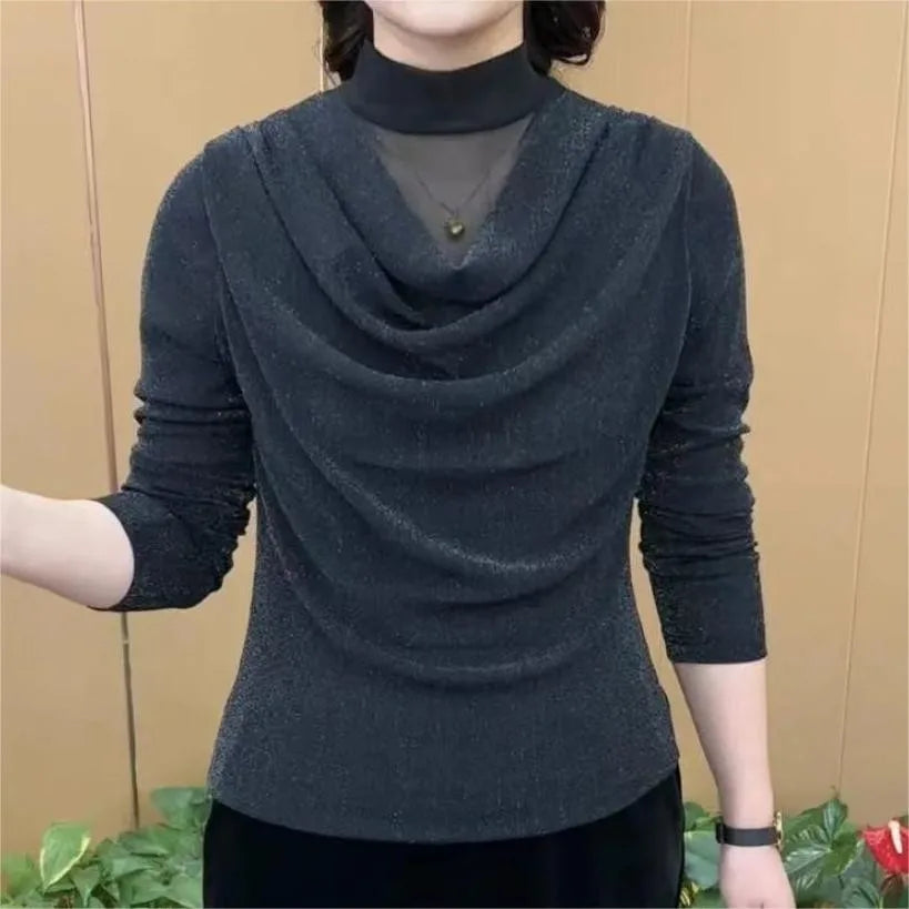 Temperament Pleated T Shirt Tops Spring Autumn New Long Sleeve