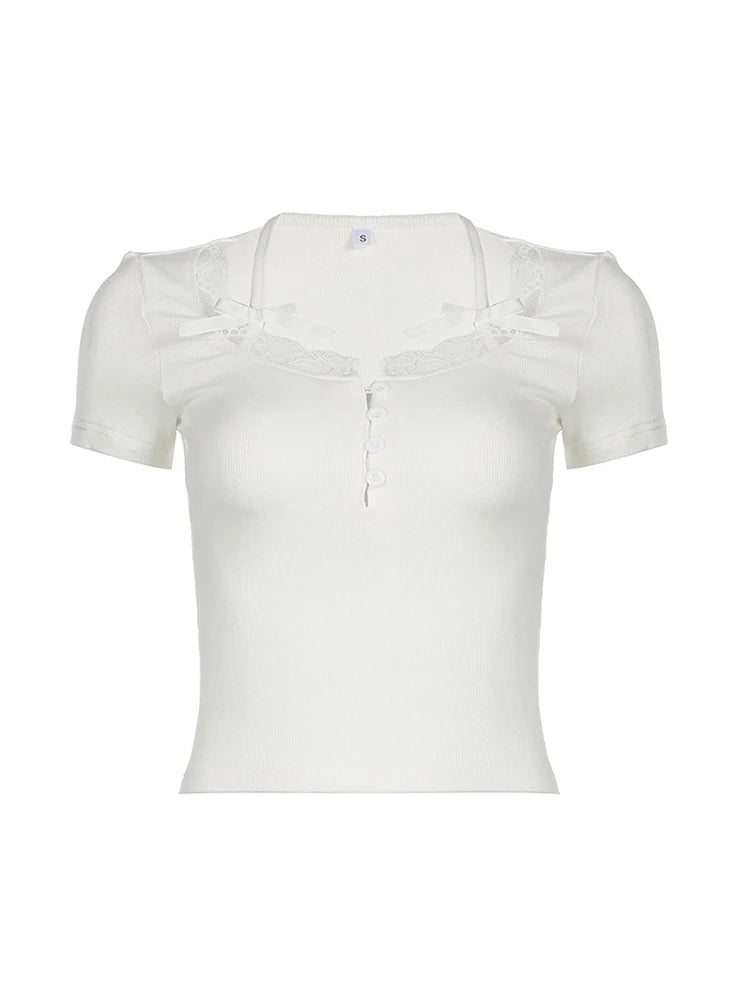 Women Button Up Slim Short Sleeve White Tees Sweet Balletcore Clothing