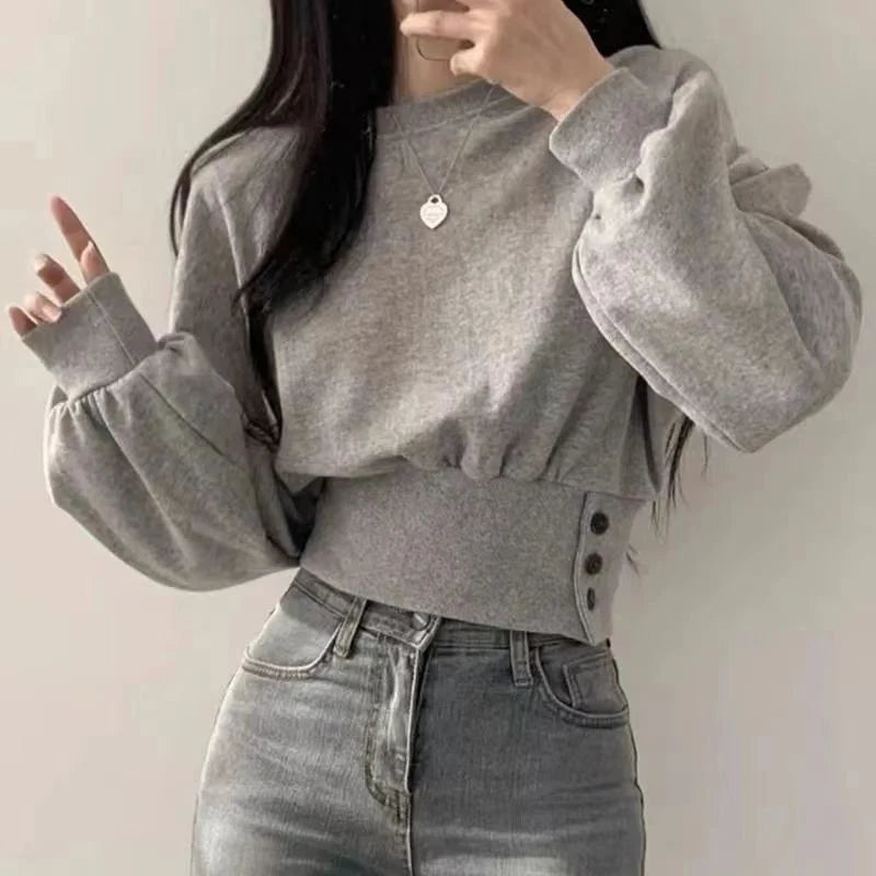 Solid O-Neck Slim Crop Top Lantern Sleeve