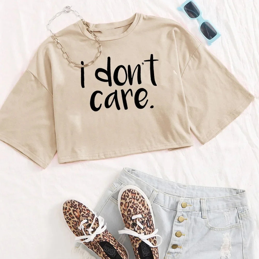 I Don't Care Print Crop Tee T-Shirt Women Clothing