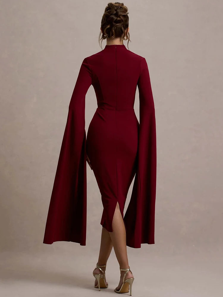 Mozision Cape Long Sleeve Sexy Midi Dress