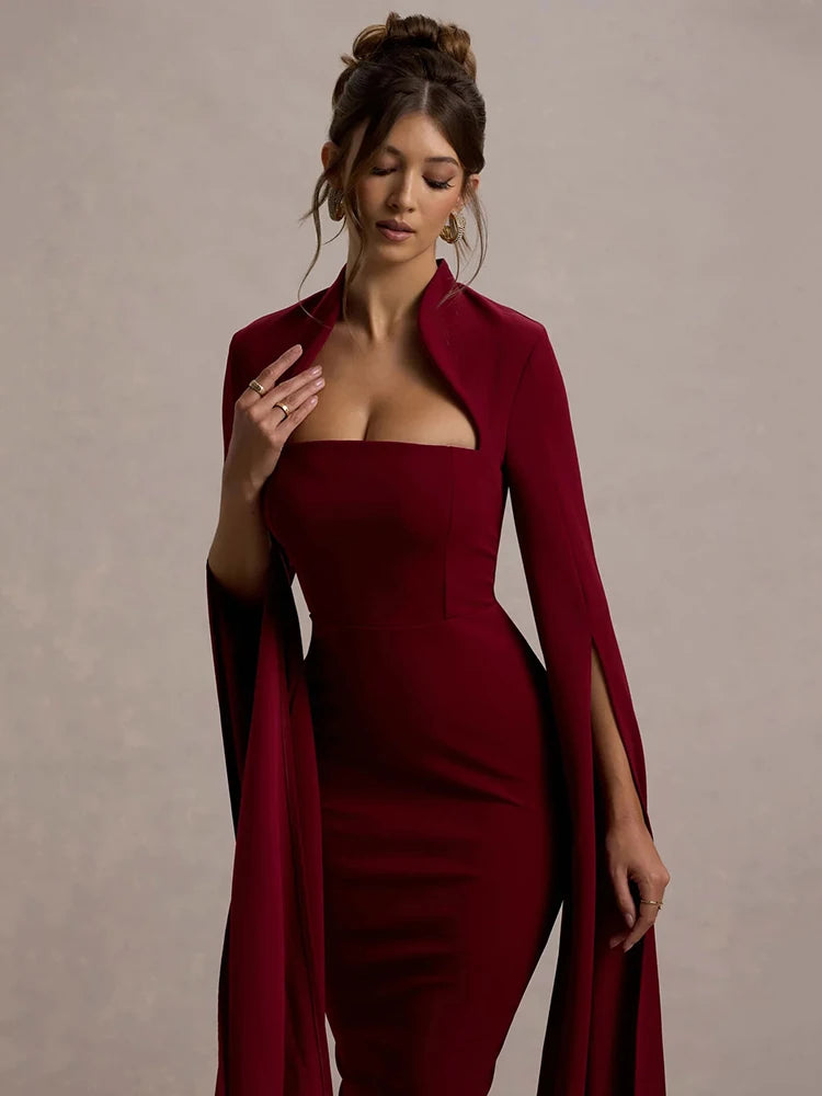 Mozision Cape Long Sleeve Sexy Midi Dress