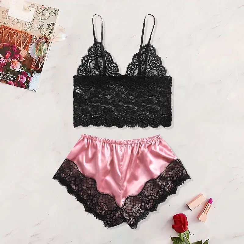 New Sexy Lace Pajamas Black Pink