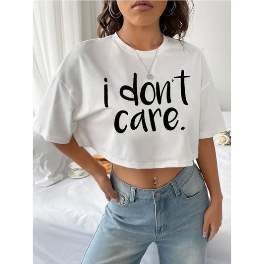 I Don't Care Print Crop Tee T-Shirt Women Clothing