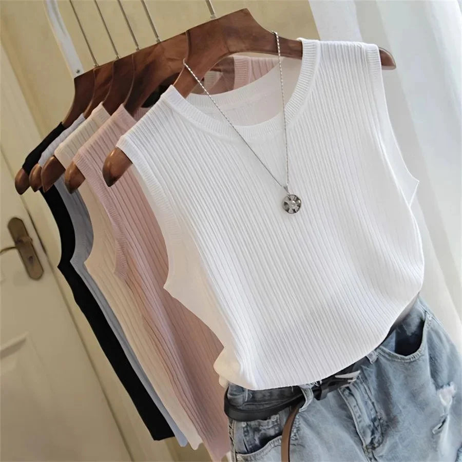 Sleeveless Blouse O-neck Knitted Shirt