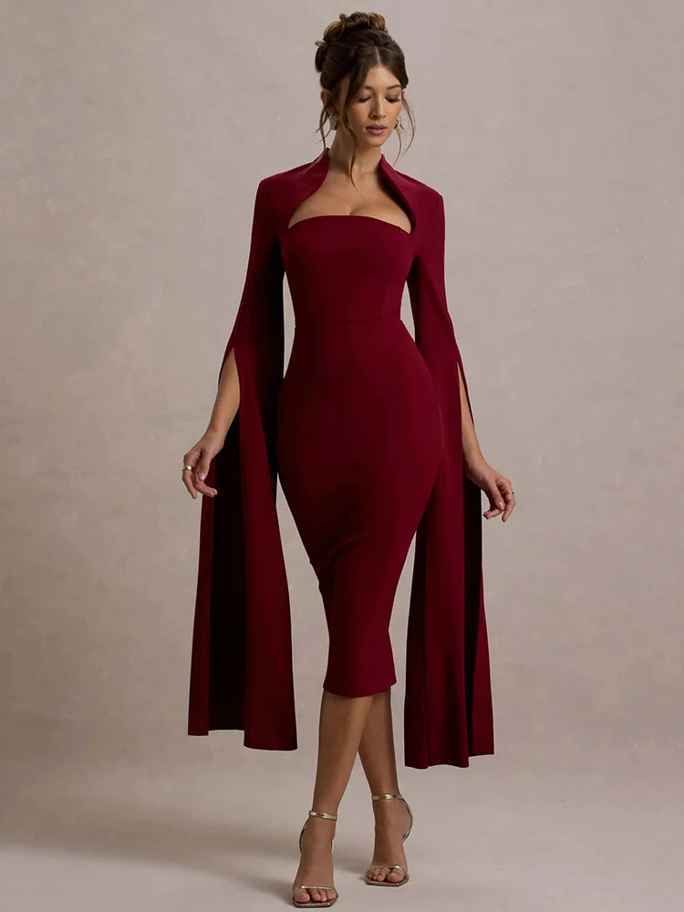 Mozision Cape Long Sleeve Sexy Midi Dress