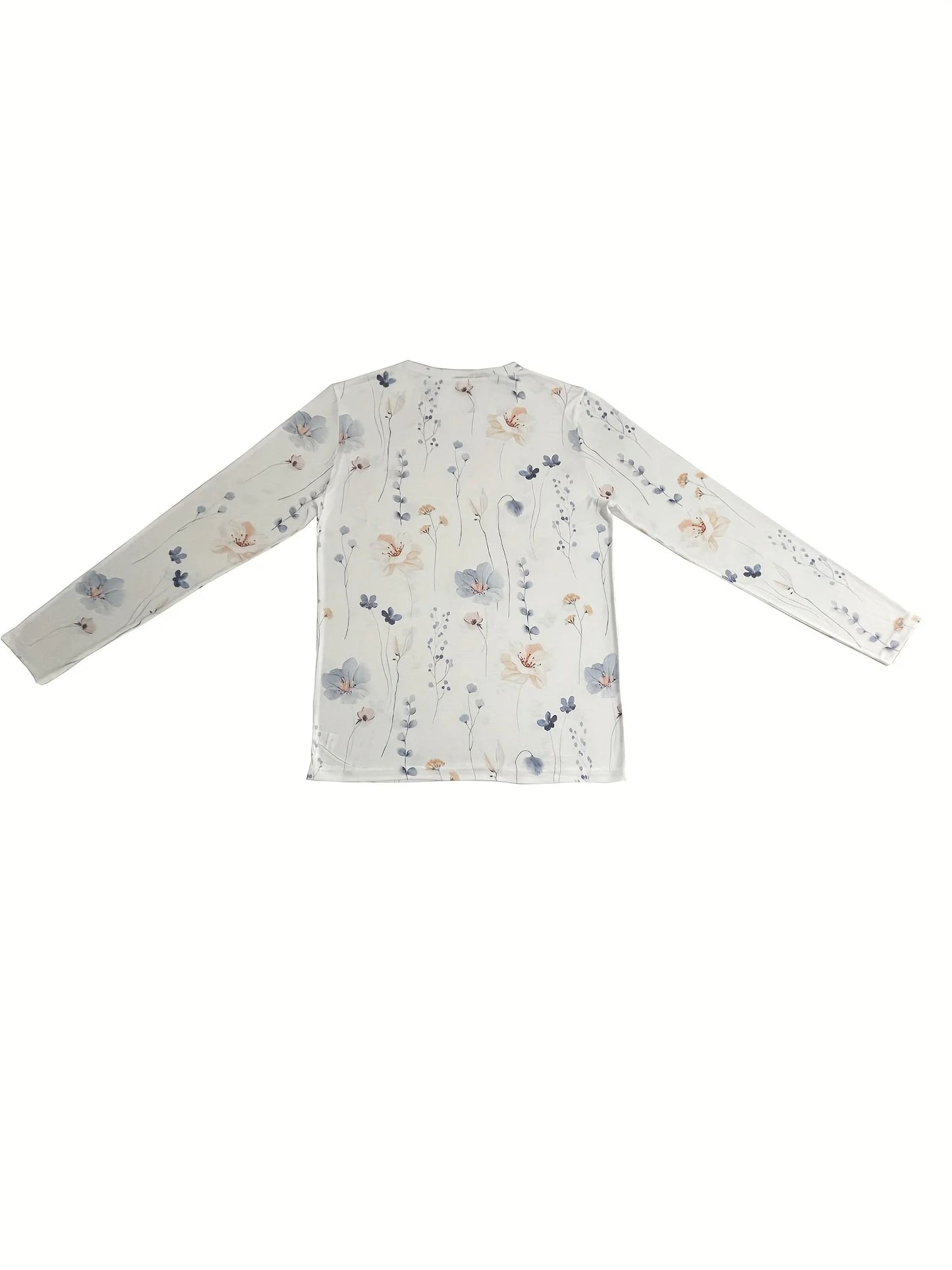 Floral Print Crew Neck T-Shirt, Casual Long Sleeve Top For Spring & Fall