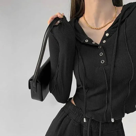 Rimocy Hooded Button Up Lady Crop Top