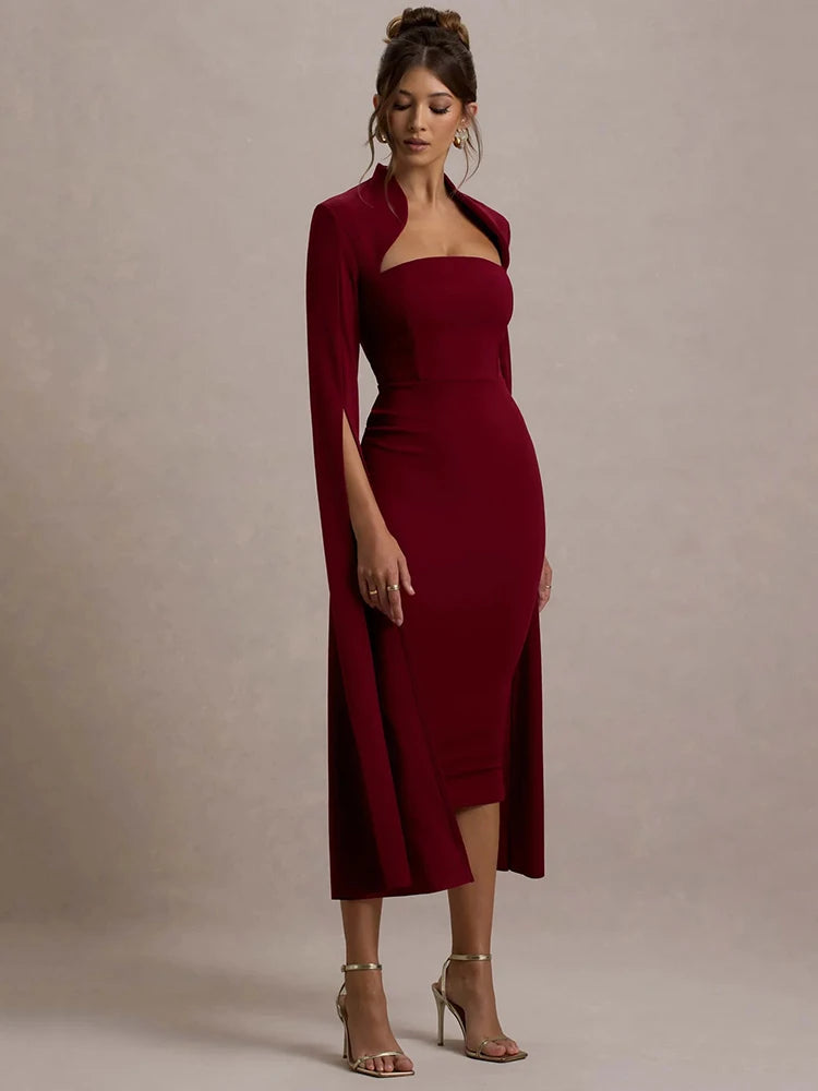 Mozision Cape Long Sleeve Sexy Midi Dress