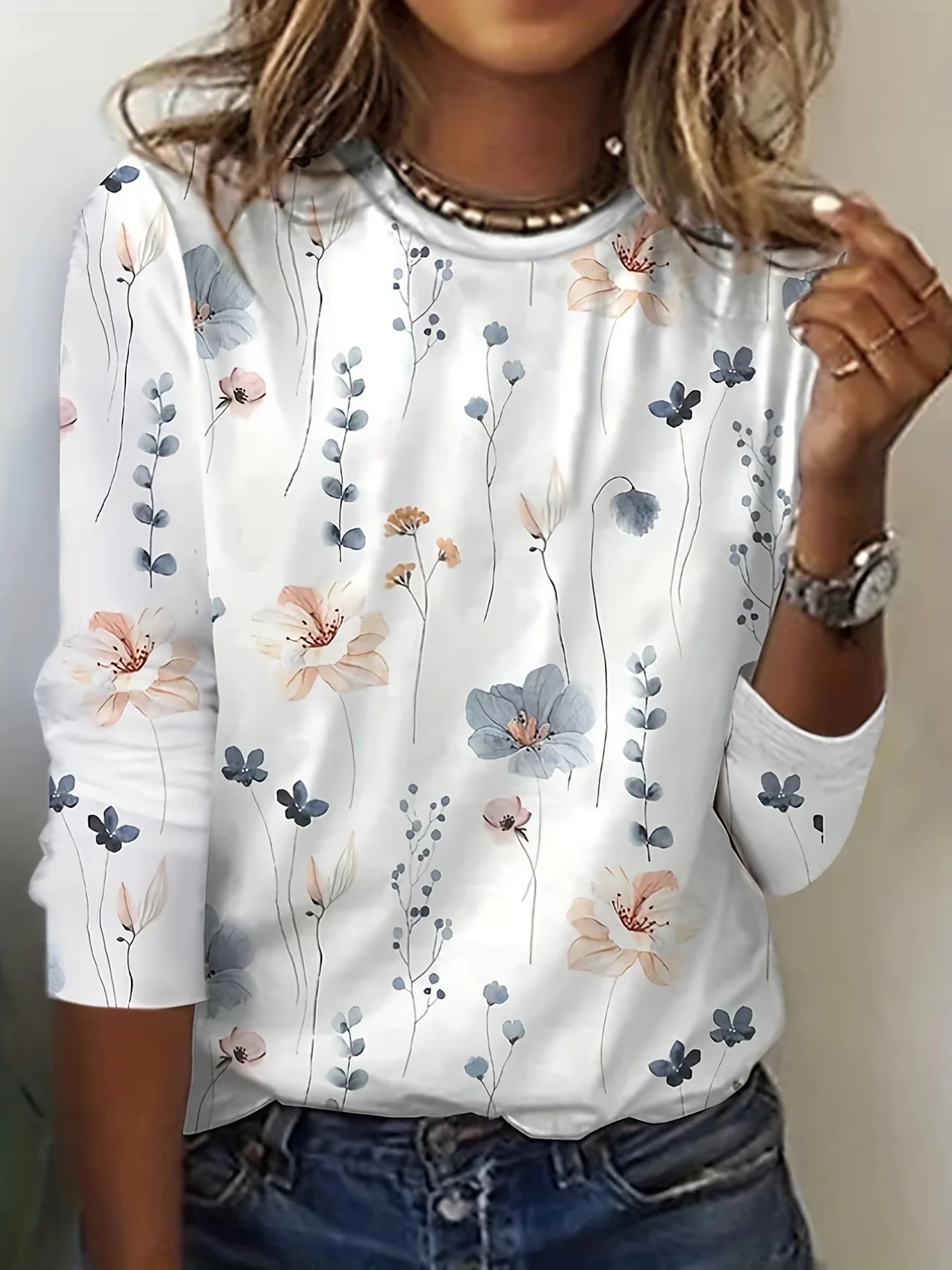 Floral Print Crew Neck T-Shirt, Casual Long Sleeve Top For Spring & Fall