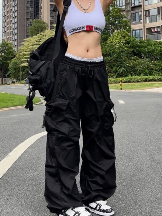 Y2K Parachute Black Pants Women Hippie Streetwear