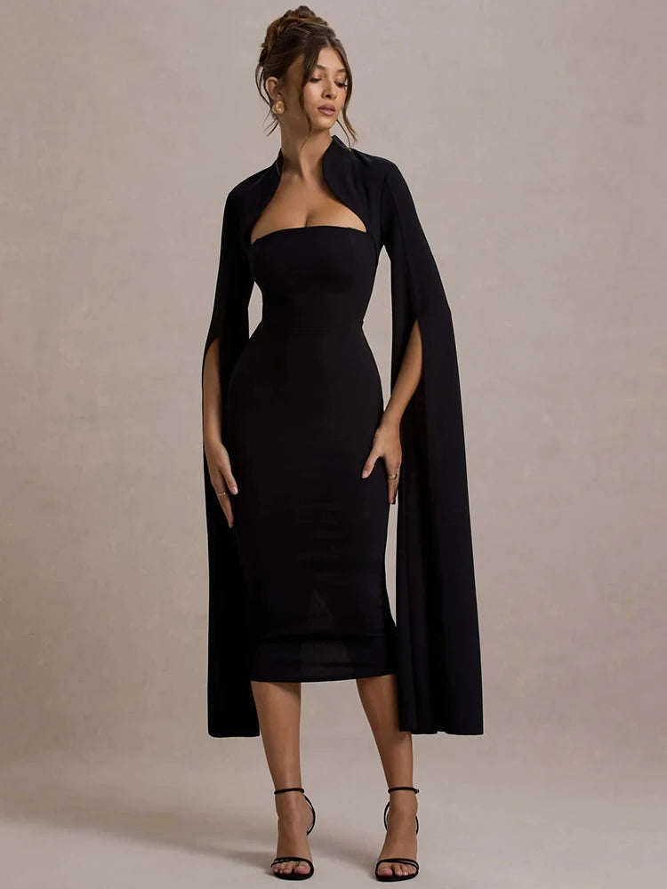 Mozision Cape Long Sleeve Sexy Midi Dress