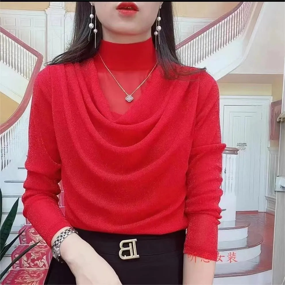 Temperament Pleated T Shirt Tops Spring Autumn New Long Sleeve