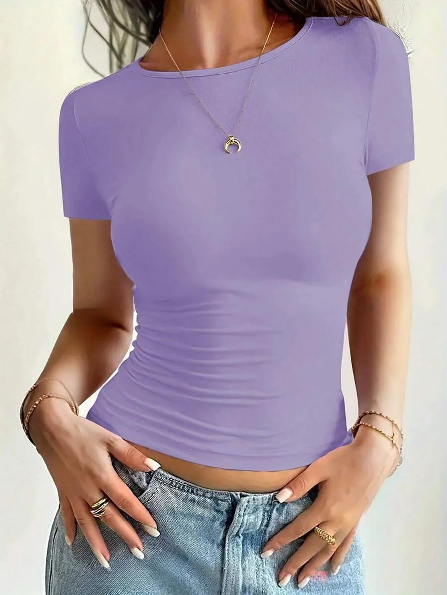 Womens Basic T-Shirts Scoop Neck Short Sleeve Crop Tops