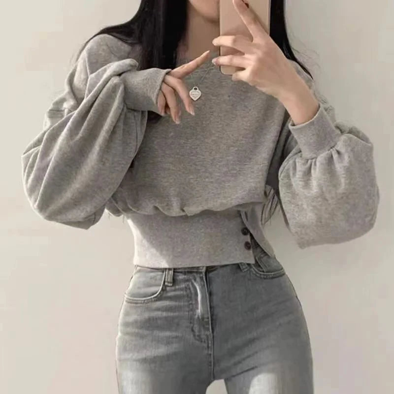 Solid O-Neck Slim Crop Top Lantern Sleeve