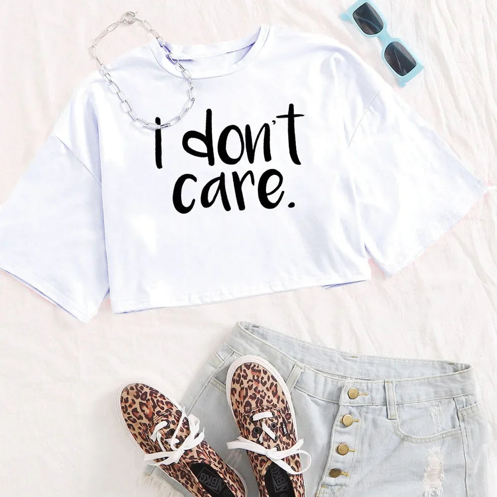 I Don't Care Print Crop Tee T-Shirt Women Clothing