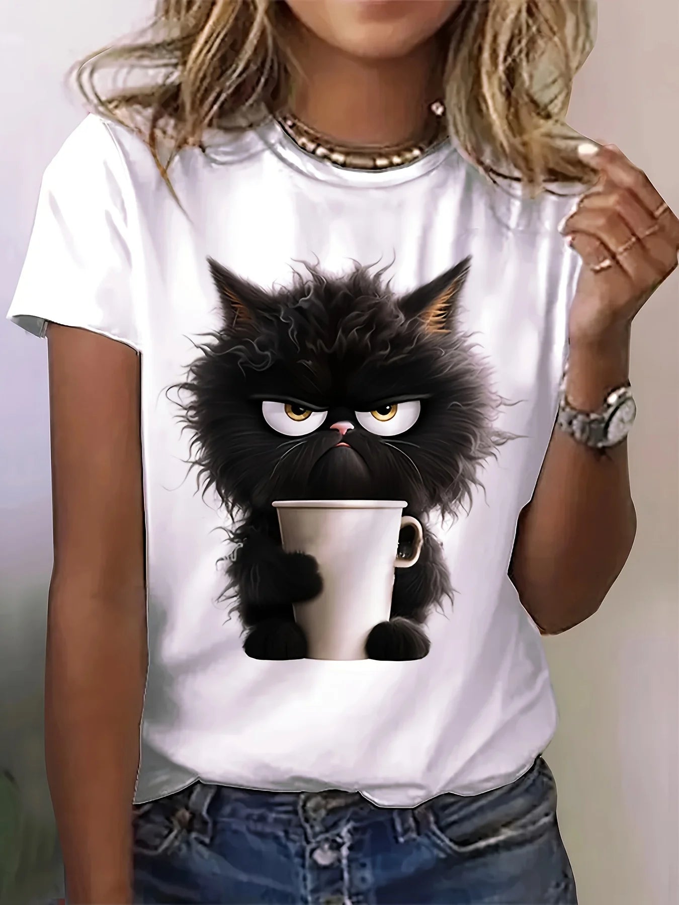 Cat Print T-shirt, Casual Short Sleeve Crew Neck Top For Spring & Summer