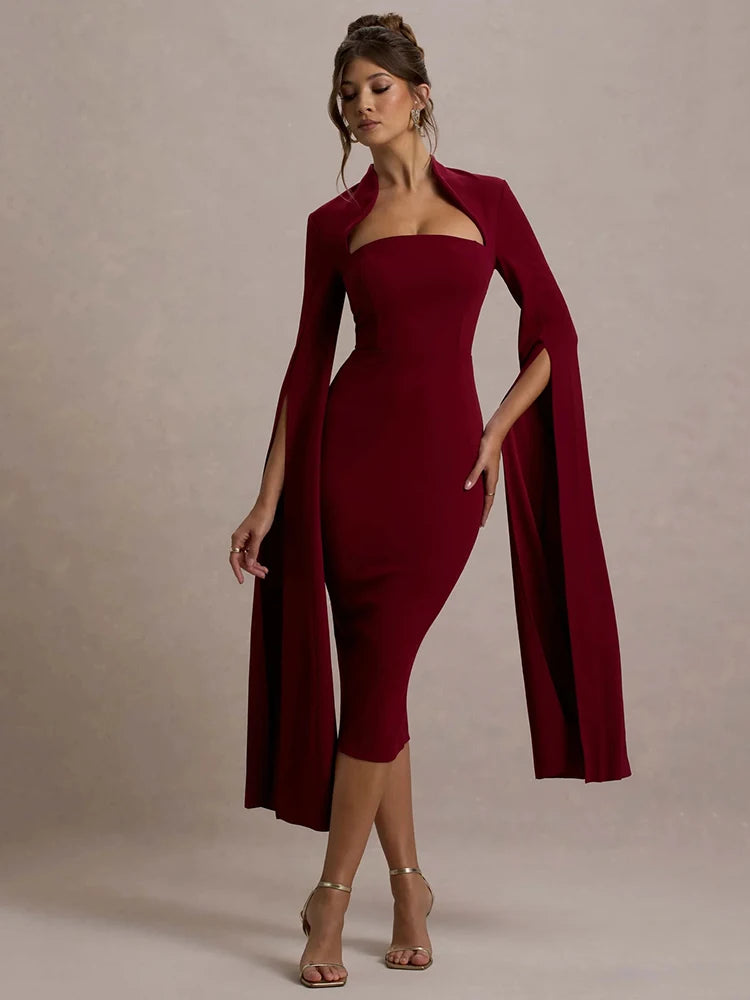 Mozision Cape Long Sleeve Sexy Midi Dress