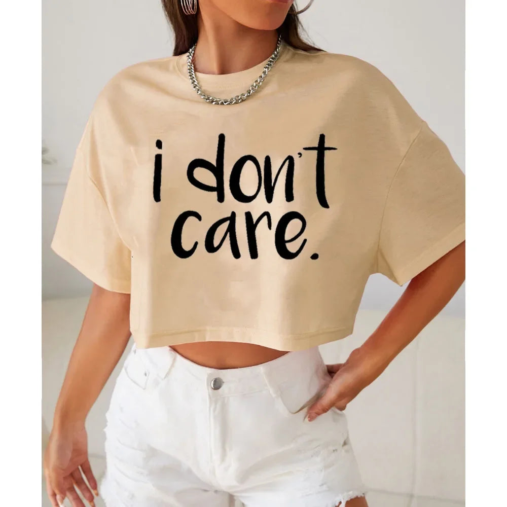 I Don't Care Print Crop Tee T-Shirt Women Clothing