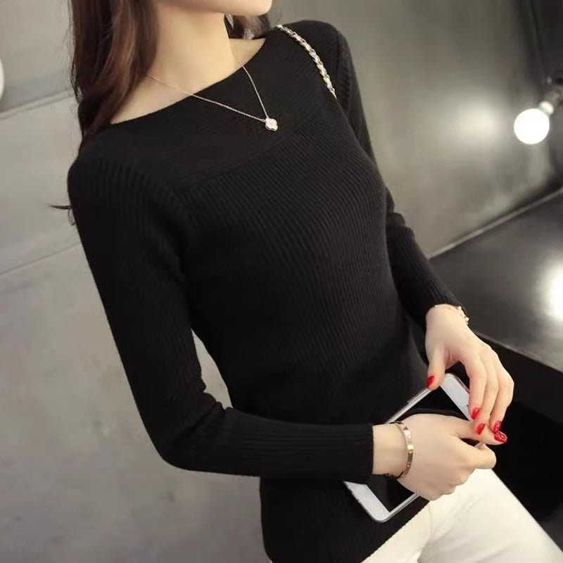 Ribbed Slash Neck Slim Sweater Knitted Long Sleeve