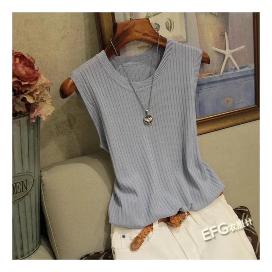 Sleeveless Blouse O-neck Knitted Shirt