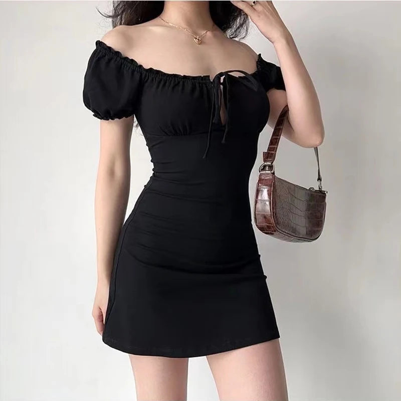 Mini Dress Women Short Sleeved Lace up Hollow