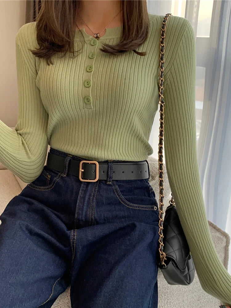 Knitted Women Sweater Button O-neck Pullovers