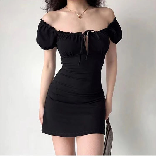 Mini Dress Women Short Sleeved Lace up Hollow