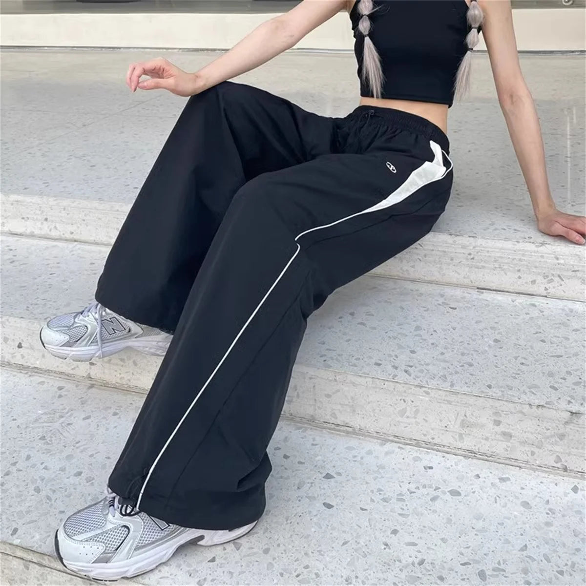 Wide Leg Cargo Pants Drawstring Solid Streetwear