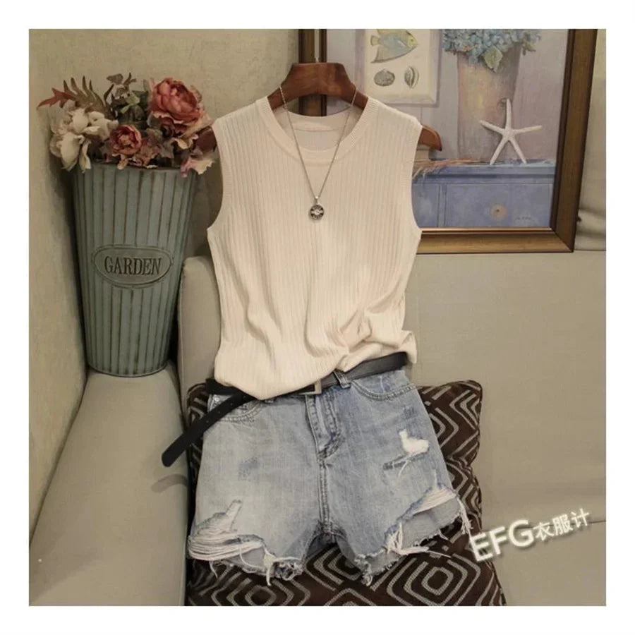 Sleeveless Blouse O-neck Knitted Shirt