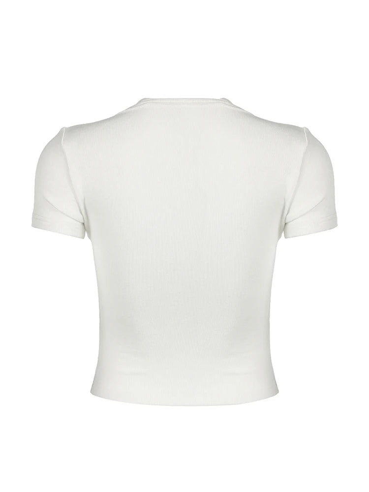 Women Button Up Slim Short Sleeve White Tees Sweet Balletcore Clothing